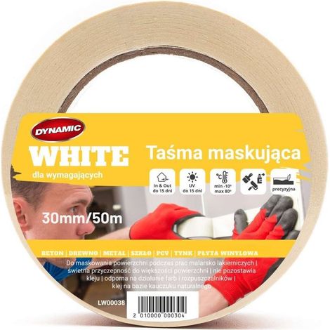 Ruban de masquage blanc pour peinture et vernissage, 80 °C, caoutchouc, 30 mm, 50 m - Qualité supérieure (1/3)