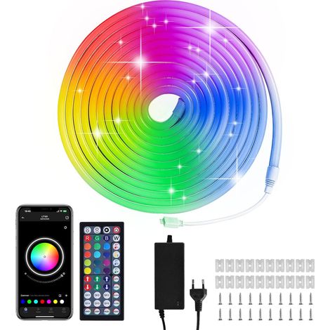 Ruban LED Néon RGB 5M, Bande Lumineuse 108 LEDs/M, IP65 Imperméable, 12V, Contrôle par App et Télécommande, 420 LEDs, Syncro Musicale pour Chambre, Gaming, Extérieur, Soirée (1/5)