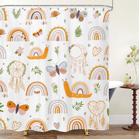 Rideau De Douche Enfant - 150 X 180 Cm - Motif Arc-En-Ciel Papillon Fleur - Tissu Polyester Imperméable - Avec 12 Crochets (1/4)