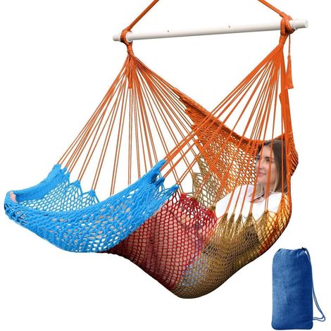 Hängesessel Baumwollnetz mit Spreizstange, für Innen & Außen, 240x80cm, Orange/Braun/Rot/Blau (1/5)