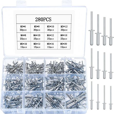 280 Pièces Rivets Aveugles, Rivets Pop, Rivets Aveugles à Bride avec Mandrin Arbre, Rivets Aveugles en Aluminium, Rivets à Tête Plate, Rivets à Bride pour Métal Bois Plastique, M3/M4/M5 (1/5)