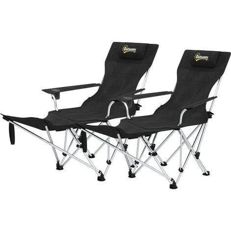 Ensemble de 2 chaises de camping pliantes avec repose-pieds, sac de rangement, porte-gobelet et appui-tête, noires