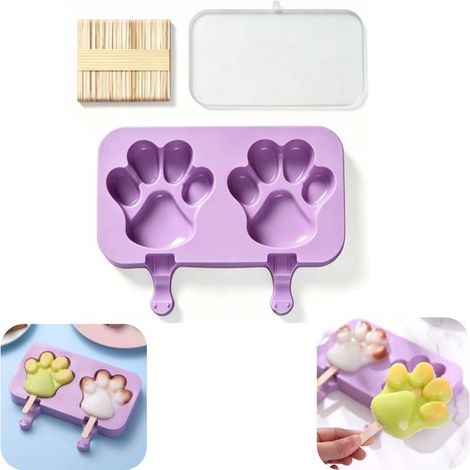Moules à glace en silicone - moules en forme de patte d'ours avec couvercle et bâtonnets, violet, 19,5 x 11 cm (1/5)