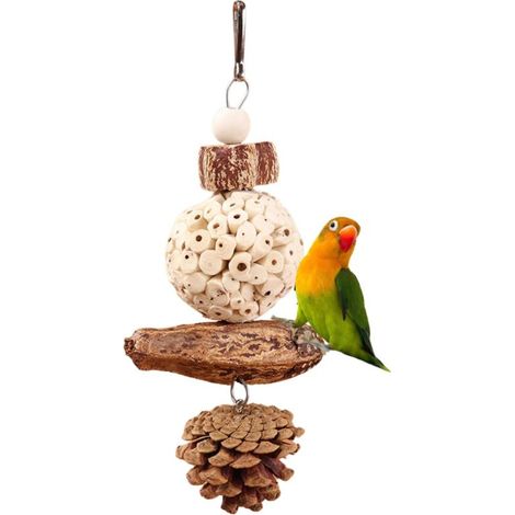 Beyamis Petit jouet à mâcher naturel pour perroquet : boule de moelle de sureau, noix, pomme de pin, bec, ficelle, marron (1/5)