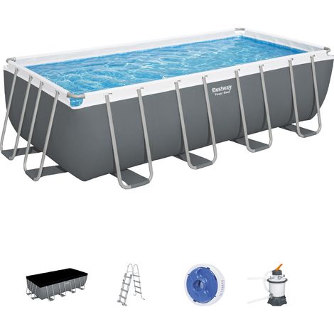 Piscina Fuori Terra Rettangolare Bestway Power Steel 488x244x122 cm con Filtro a Sabbia Scaletta e Dispensatore Chimico Grigio (1/10)