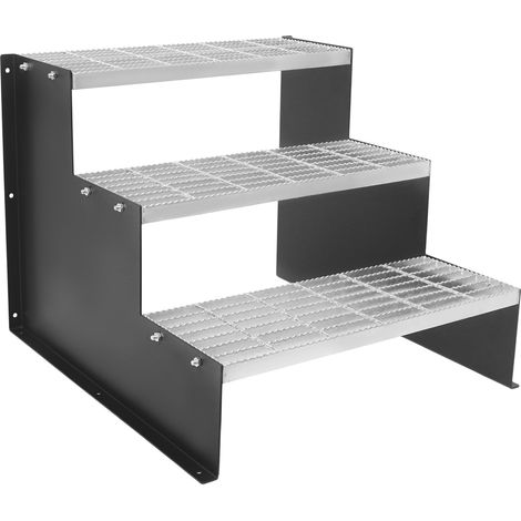 Escabeau 3 marches - Argent + noir - Fer - Charge 200 kg - Marches antidérapantes - Évidées - Pour atelier, entrepôt (1/5)