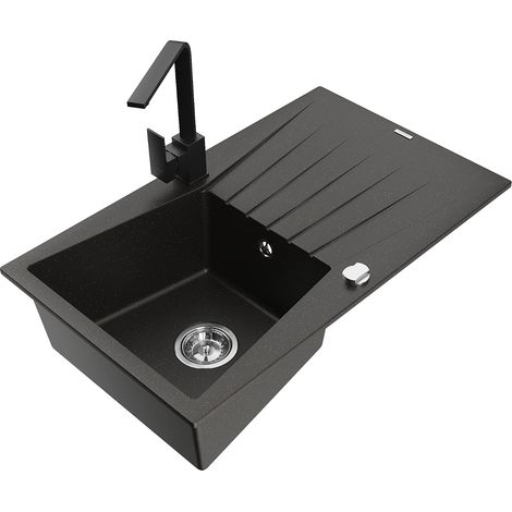 Mexen Cesar fregadero de granito de 1 cubeta con escurridor y grifo de cocina Rita, negro/dorado met谩lico - 6514-75-670300-70 (1/5)