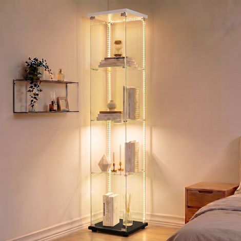 Vitrina de una o dos puertas con iluminación LED, cristal templado blanco, diseño moderno, compartimento de almacenamiento transparente, color negro. (1/5)