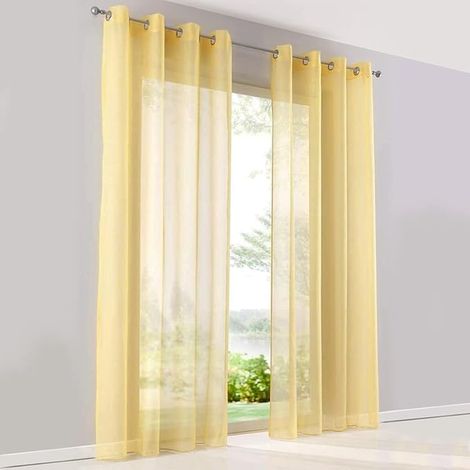 Panneaux Rideaux Voilages Voile à œillets Transparents pour fenêtres, Balcon, Salon (Largeur 140cm x Hauteur 225cm, Jaune) (1/4)