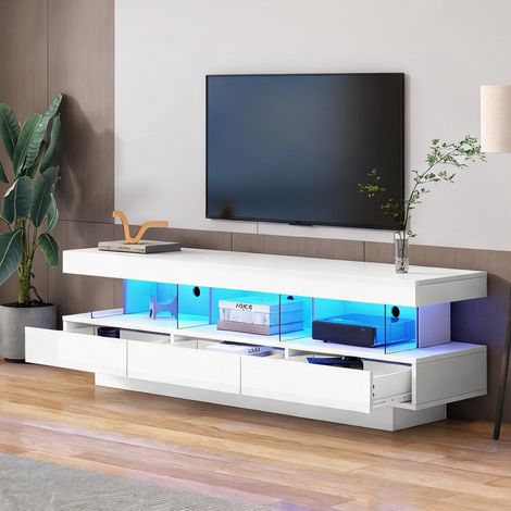 Meuble TV blanc laqué brillant 160 cm avec étagères verre et LED (1/5)