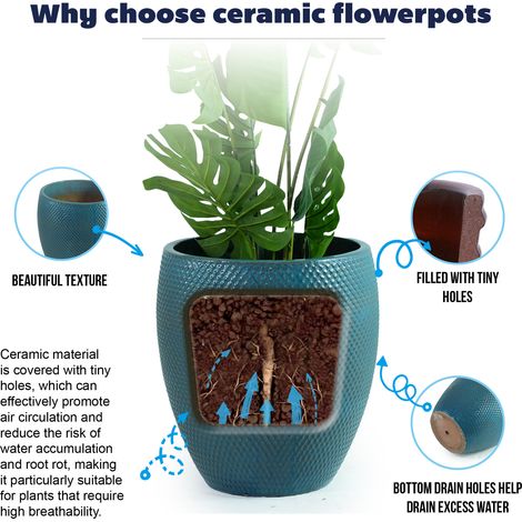 Grand pot de fleurs en céramique diamètre46x53 cm turquoise brillant, drainant FLORAGRACE (1/5)