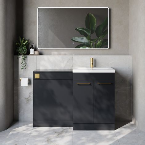 Napoli 390 Cento Gloss Grey 1200mm 2 Door Vanity Unit Toilet Suite with Glide Basin - 1200mm - Brushed Brass 160mm HandleWithout Kingston Toilet Pan