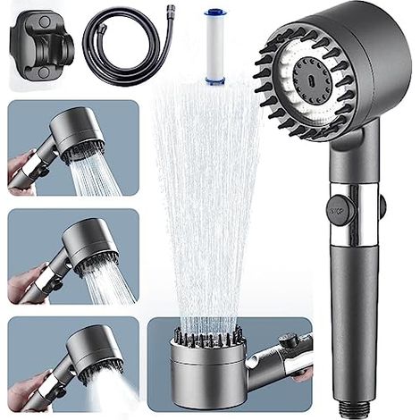 Alcachofa de ducha de alta presión, ducha de baño 4 modos ajustables, ducha de mano con masaje antical con parada de agua, ahorro de agua, SPA (C) (1/5)