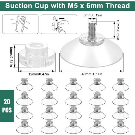 Lot de 20 ventouses avec filetage - Diamètre : 40 mm - Ventouses pour fenêtre - Ventouses pour plaques de verre - Pour décoration de suspension - Crochets en PVC avec écrou moleté (1/4)
