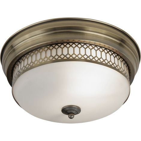 Searchlight Edinburgh - Plafond affleurant de salle de bains à 2 ampoules en laiton antique, blanc IP44, E27 (1/4)