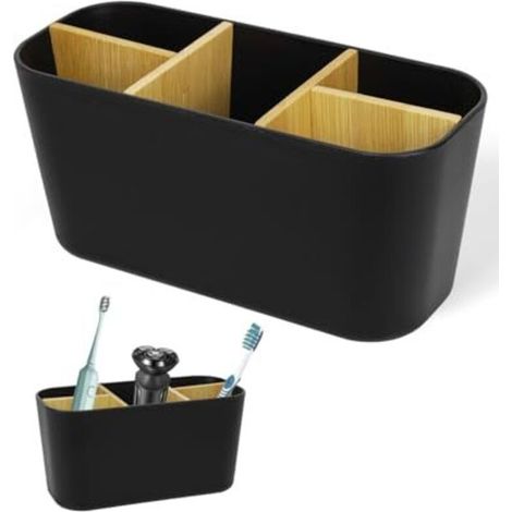 Porte-brosse à dents avec séparateurs en bambou, 5 compartnts, organisateur de salle de bain pour brosse à dents électrique, porte-brosse à dents (noir) (1/5)