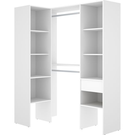 Pegane – Dressing d'angle ouvert avec penderie double tringles – 1 tiroir et 8 étagères – Hauteur 185 cm – Coloris blanc – Optimise l'espace (1/5)