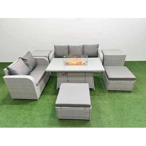 Fimous 7 Seater PE Rattan Wicker Garden Furniture Patio Conservatory Sofa Set with Firepit Dining Table 3 Seater Sofa Love Sofa 2 Big Footstool 2 Side Table (1/4)