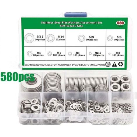 Rondelles Metal, 580 Pièces Rondelle Inox, rondelles plates et rondelles de sécurité Acier Inoxydable 304, Penny Rondelles, Joint Plat pour Vis et Boulons-M2 M2.5 M3 M4 M5 M6 M8 M10 M12 (1/4)