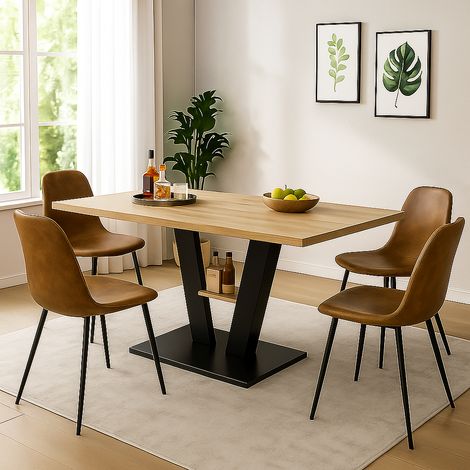 URBAN MEUBLE Ensemble de salle à manger extensible avec table effet bois clair (118-157) et 4 chaises vintage style scandinave – MURLID+CHARLTON SUEDE BROWN (1/5)