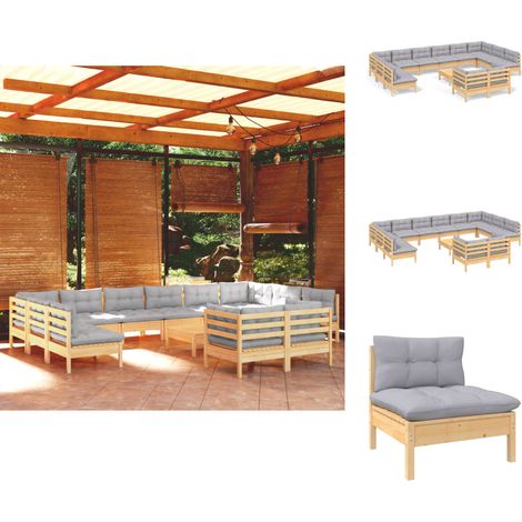 Gartenmöbel-Sets - Living 13-tlg. Garten-Lounge-Set mit Grauen Kissen Kiefernholz (1/5)