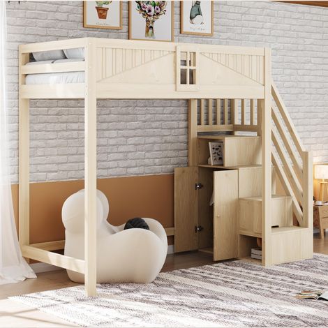 Lit mezzanine en bois massif 90x200cm, porte de sécurité unique avec fenêtre, échelle de sécurité latérale avec rangement (réversible gauche/droite), lit multifonctionnel, coloris bois, garantie 2 ans