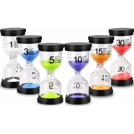 Sablier - 6 Durées 1 à 30 Min - Verre Borosilicate et ABS - Pour Classe Bureau Cuisine Enfant - Lot de 6 (1/5)