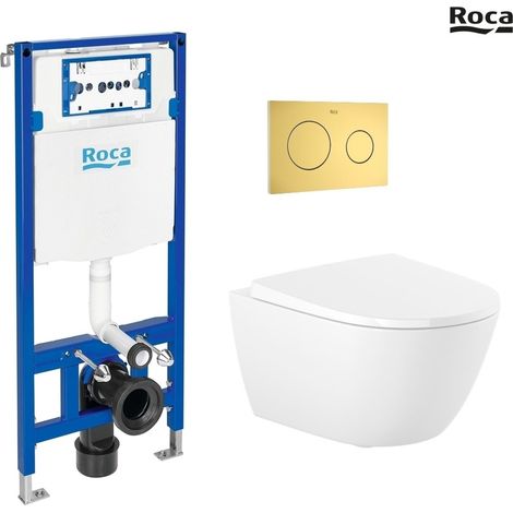 Pack WC Bastidor empotrado ROCA Duplo cisterna y pulsador PL10 oro cepillado con inodoro suspendido ROCA Ona 48 cm Soft-Close (1/4)