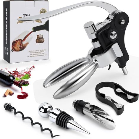 Set of 5 premium corkscrews with lever corkscrew, pouring spout, vacuum stopper, foil cutter and interchangeable spiral, for all corks (1/4)