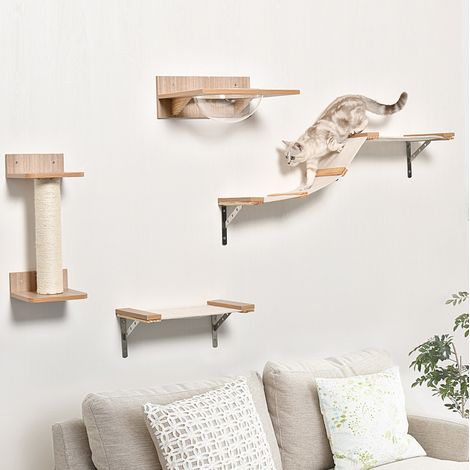 Albero tiragraffi da parete 4 pezzi con amaca in acrilico, sisal, legno chiaro OKMYHOME (1/5)
