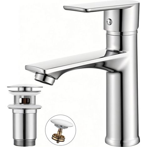 Rubinetto Lavabo Cromato con Piletta Pop Up e Troppopieno Miscelatore Monocomando Acqua Calda Fredda Set Rubinetteria per Bagno e Lavabo (1/5)