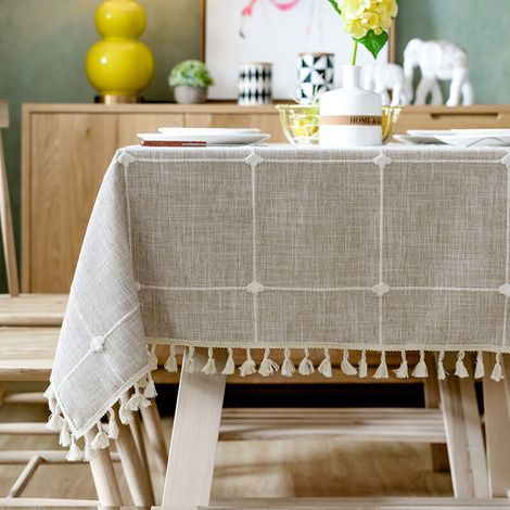 royaluxe - Nappe de Table Rectangulaire en Coton et Lin Nappe Carreaux Kaki Imperméable et Anti-Taches Nappe pour Table avec Dentelle à Frange, 140x200 cm, (1/5)