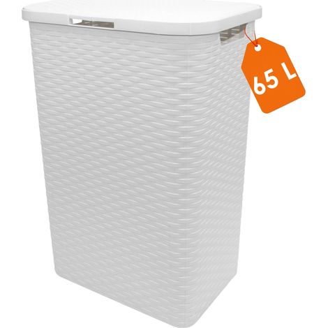 Kunststoff Wäschekorb weiß mit Deckel in Rattan Optik - 65 Liter - Wäschesammler in Flechtoptik mit seitlichen Griffen