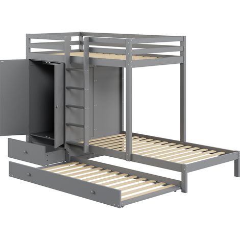 Letto a soppalco 90x200 in legno grigio con letto estraibile, armadio, cassetti e ripiano (1/5)