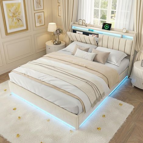 Cama doble 160x200 cm, cama 160x200 cm, con iluminación LED orientable, carga USB, cabecero abatible con espacio de almacenamiento, terciopelo, almacenamiento hidráulico, somier de láminas - Beige