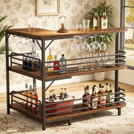 Meuble bar en L à 3 niveaux avec porte-verres à vin, étagère d'angle et rangement pour comptoir de bar ou cuisine. (1/5)