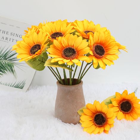 10 tournesols artificiels réalistes à une tige, fleurs décoratives en plastique (1/4)