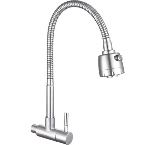 Robinet de salle de bain Acier Inox Brossé Robinet Mural pour Eau Froide à Ressort Mitigeur de Cuisine Mémoire de Forme Mitigeur d'Evier Simple en