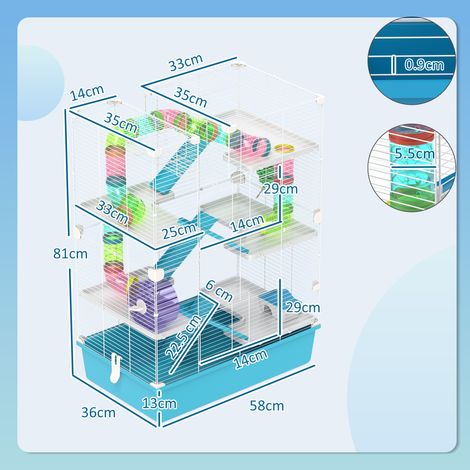 Cage à hamster 6 étages, habitat pour petits animaux avec tubes, tunnels, abri, roue, gamelle, biberon, rampes, pour hamsters nains et gerbilles, 58 x 36 x 81 cm bleu clair (1/5)