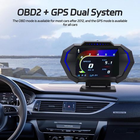 Affichage tête haute OBD2 avec compteur de vitesse + GPS HUD numérique universel, en km/mph, avec avertissement de vitesse, indicateur d'inclinaison et avertissement de fatigue du conducteur compati (1/4)