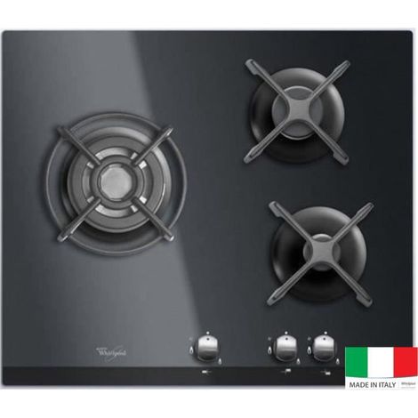 Whirlpool – Plaque de cuisson gaz 3 foyers – Puissance 6350W – Dimensions L59 x P51cm – Verre trempé noir – Allumage une main