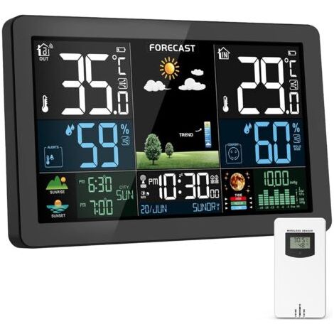 Station Météo Intérieur Extérieur Sans Fil, Écran Couleur, Prévisions Météorologiques, Thermomètre Hygromètre, Affichage Température et Humidité, avec Capteur Extérieur, Baromètre, Radio-Réveil DCF