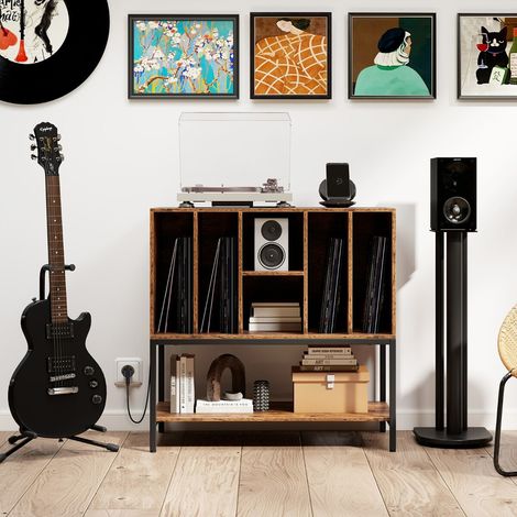 Support de platine avec station de charge et rangement de vinyles, table de rangement de disques avec étagères à café (1/5)