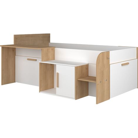 Lit combiné 90 x 200 cm avec bureau et rangements - Coloris : Blanc et naturel + Sommier + Matelas - PEDRO