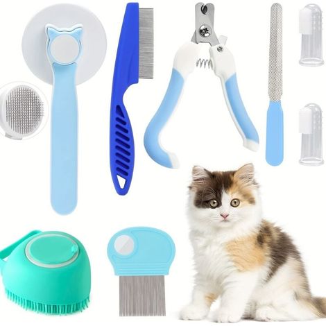 Ensemble de toilettage multi-usages bleu 8 pièces pour animaux de compagnie, (1/4)