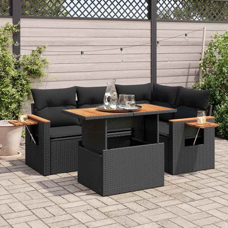 5tlg. Garten-Sofagarnitur mit Kissen Schwarz Poly Rattan Akazie (1/5)