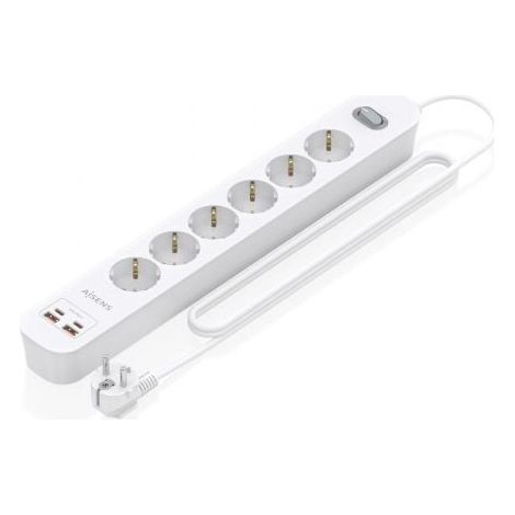 Regleta con Interruptor Aisens ASPS-2A2C16-W/ 6 Tomas de Corriente/ 2 USB - 2 USB Tipo-C/ Cable 1.4m/ Blanco