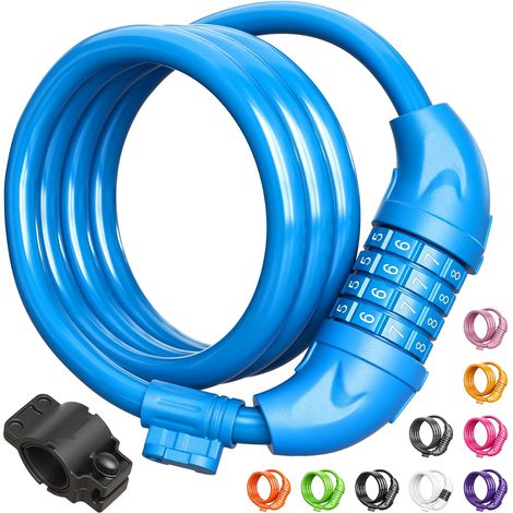 Antivol de vélo, câble de 1,2 m (4 pieds), combinaison réinitialisable de 8 mm (1/3 pouce), avec support de fixation - Bleu (1/5)