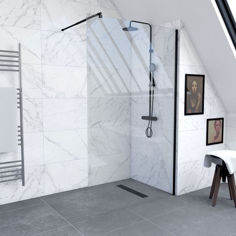 paroi de douche 140x200cm verre transparent - barre de fixation extensible et profil noir