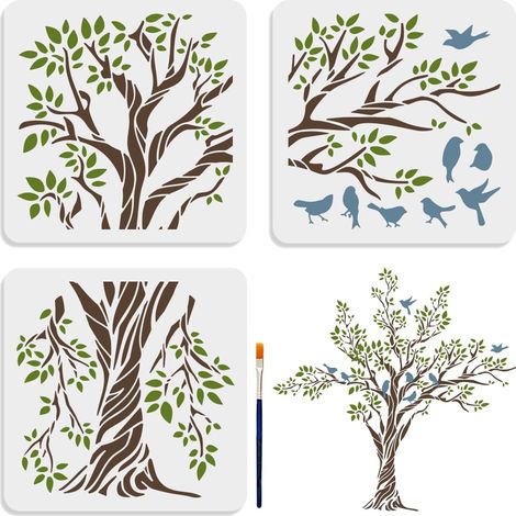Lot de 3 grands pochoirs en forme de branche d'arbre 78,3 x 78,3 cm avec pinceau - 30 x 30 cm - Pochoir pour bois, bricolage, mur et sol (1/5)